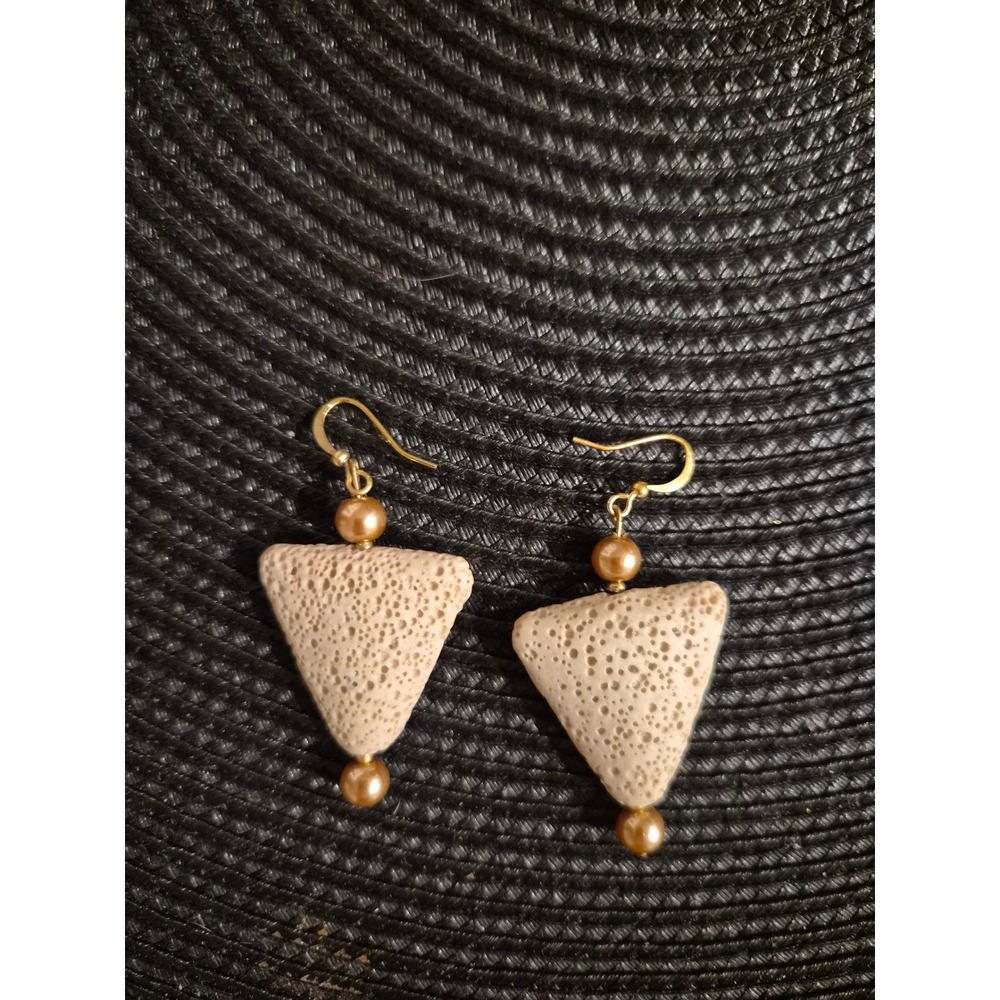 Handmade Triangle Lava Stone Drop Earrings Gold Tone Bead Accents Neutral Tan